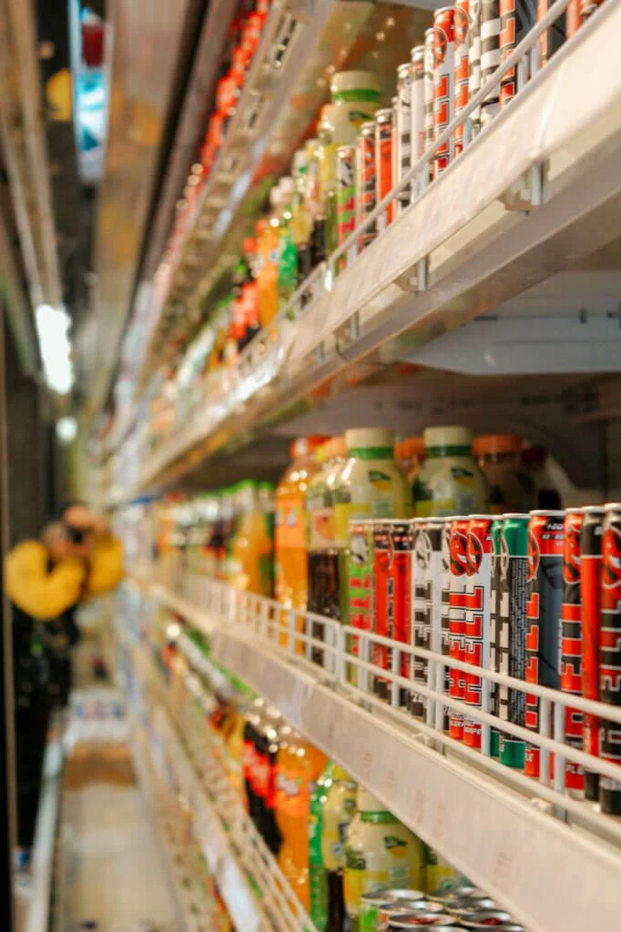 Beverages on refrigerated shelves