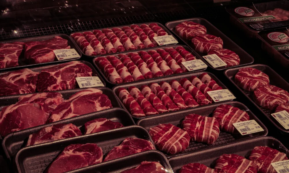 Fresh packaged meat in a butchery display