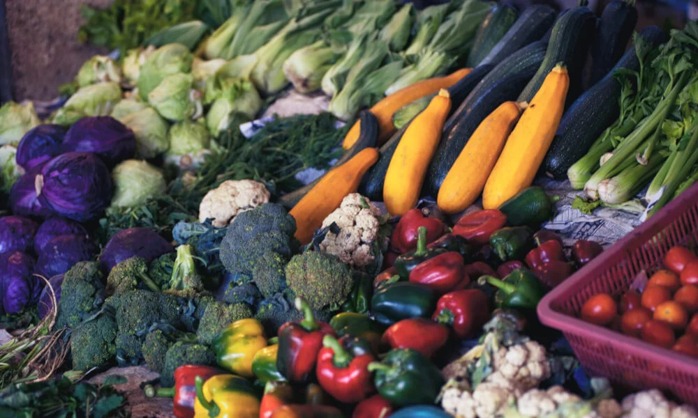 A colourful display of fresh fruit in a supermarket