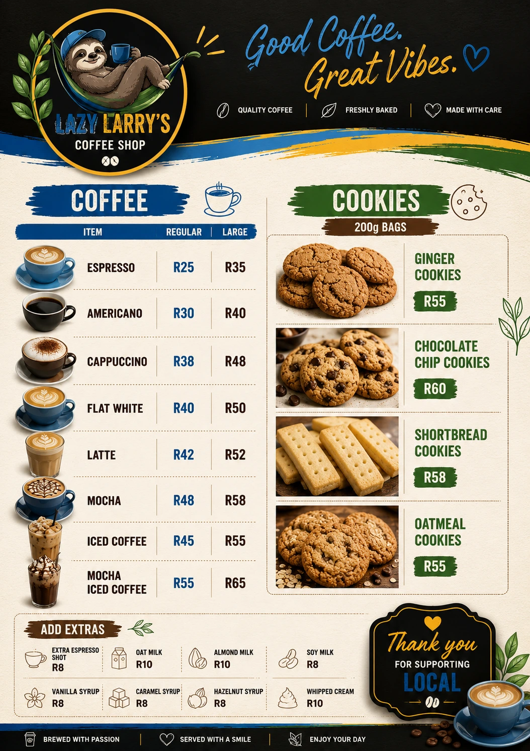 Illustrated Lazy Larry's Coffee Shop menu showing the same prices listed above