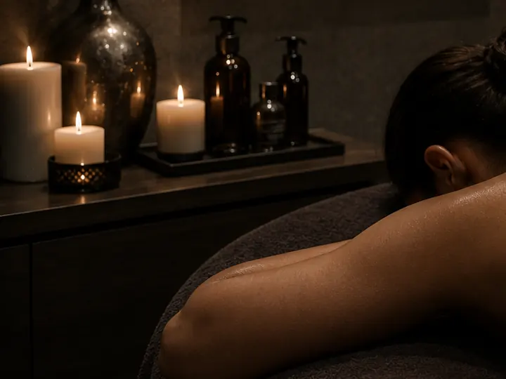 Candles and treatment oils in a luxury spa setting