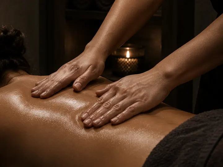 Professional massage therapist providing a back treatment